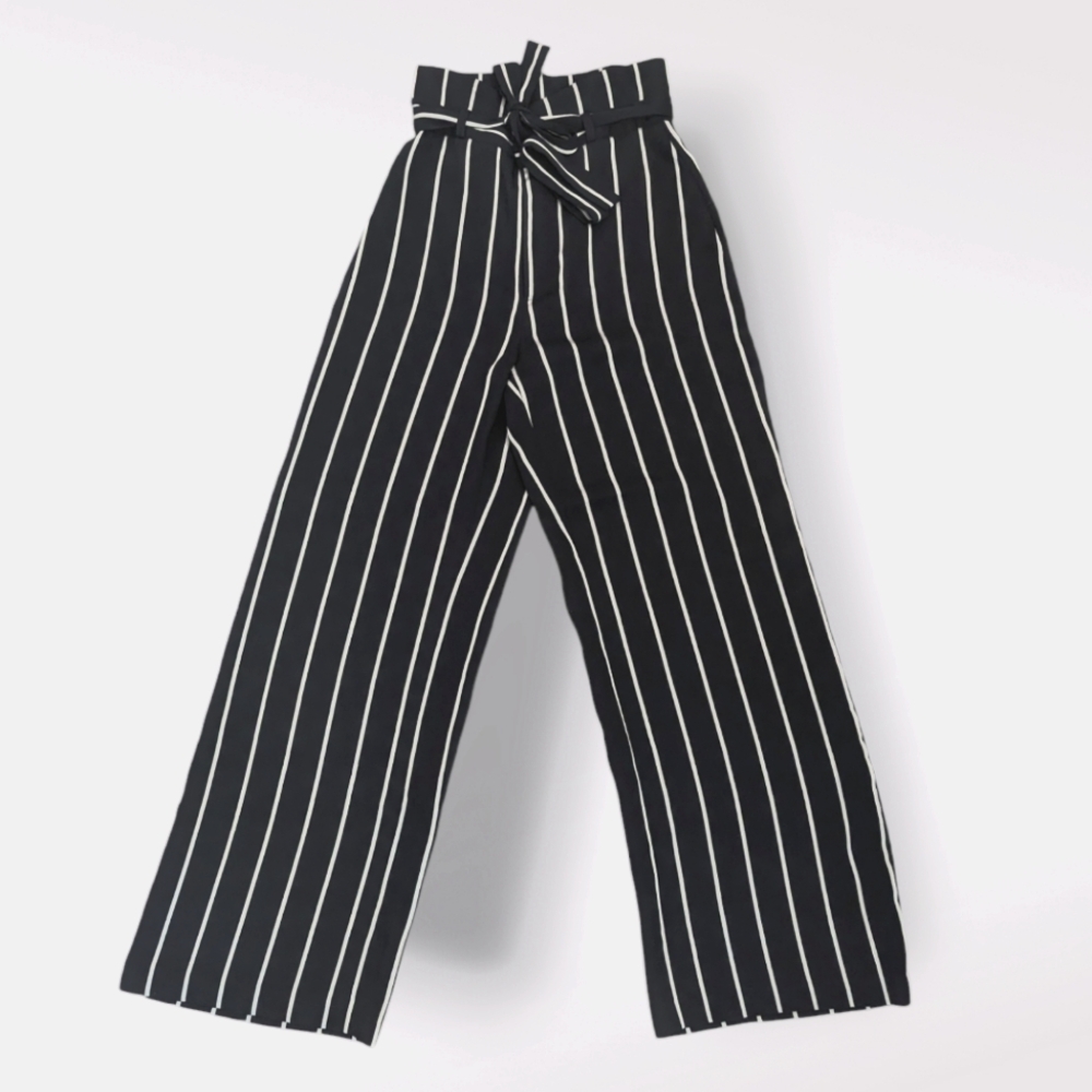 Bardot | Women's Belted Wide Leg Pants | Navy Striped | Size 6